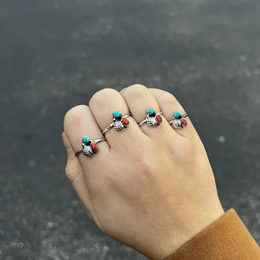 Genuine Turquoise and Coral with Leaf Sterling Silver Ring