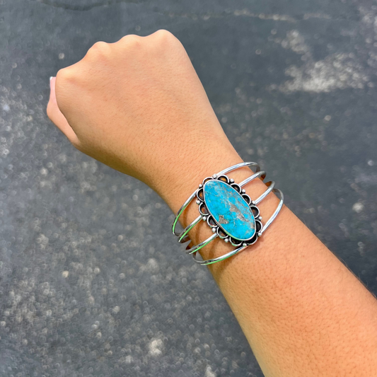 Genuine Turquoise Scalloped Border Sterling Silver Statement Cuff