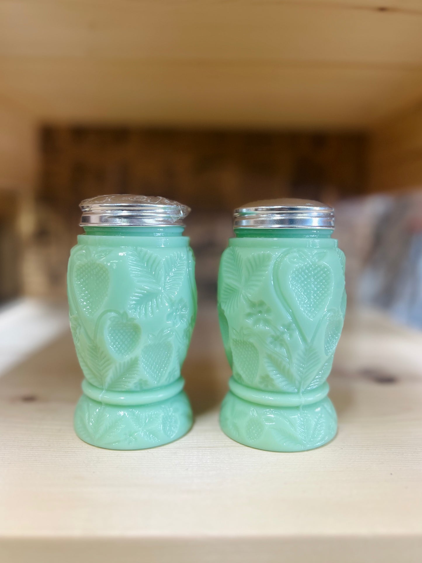 Jadeite Green Glass Strawberry Salt and Pepper Shakers