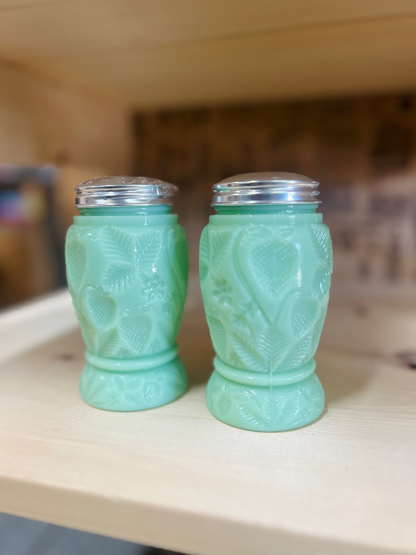 Jadeite Green Glass Strawberry Salt and Pepper Shakers