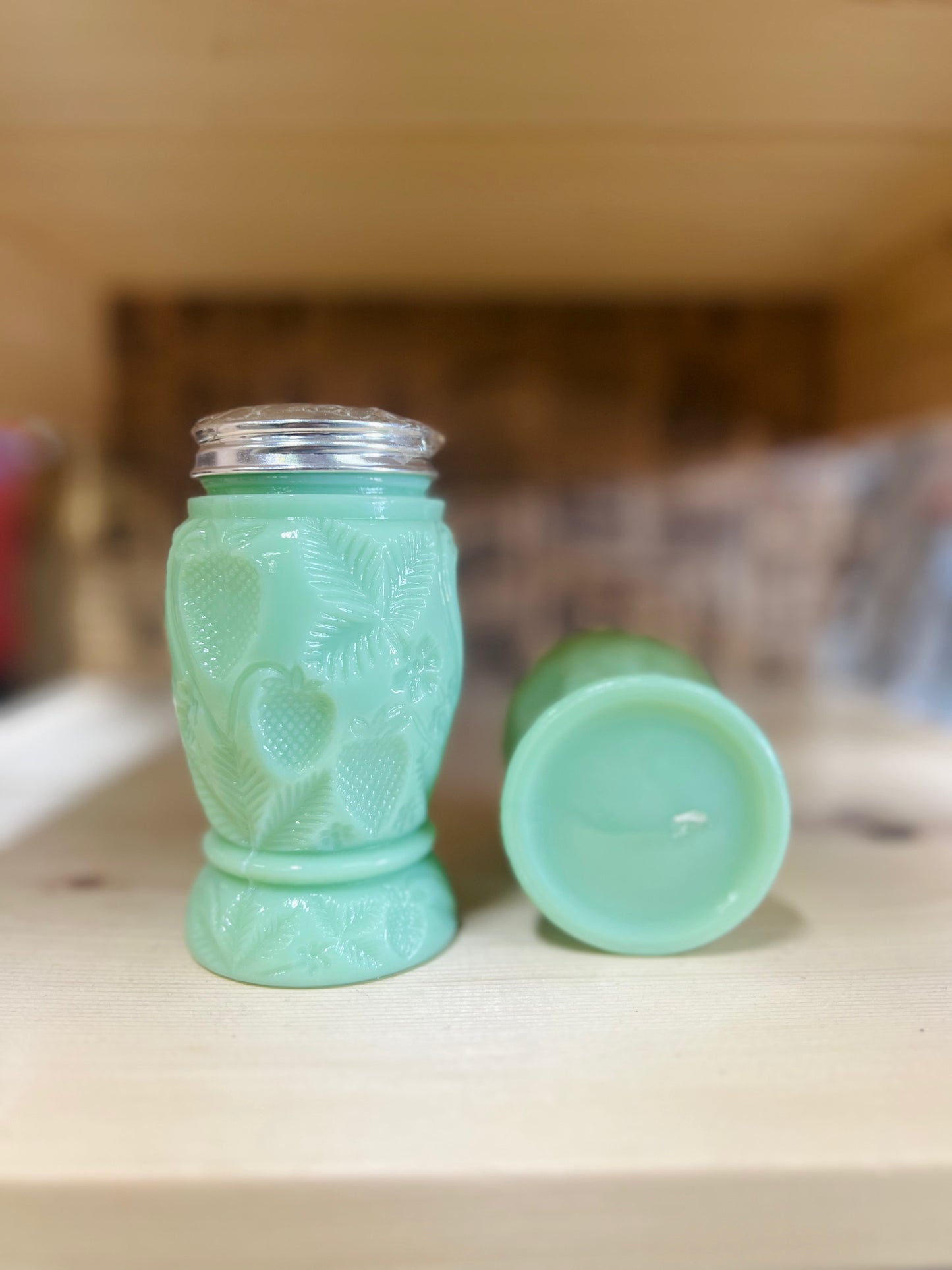 Jadeite Green Glass Strawberry Salt and Pepper Shakers