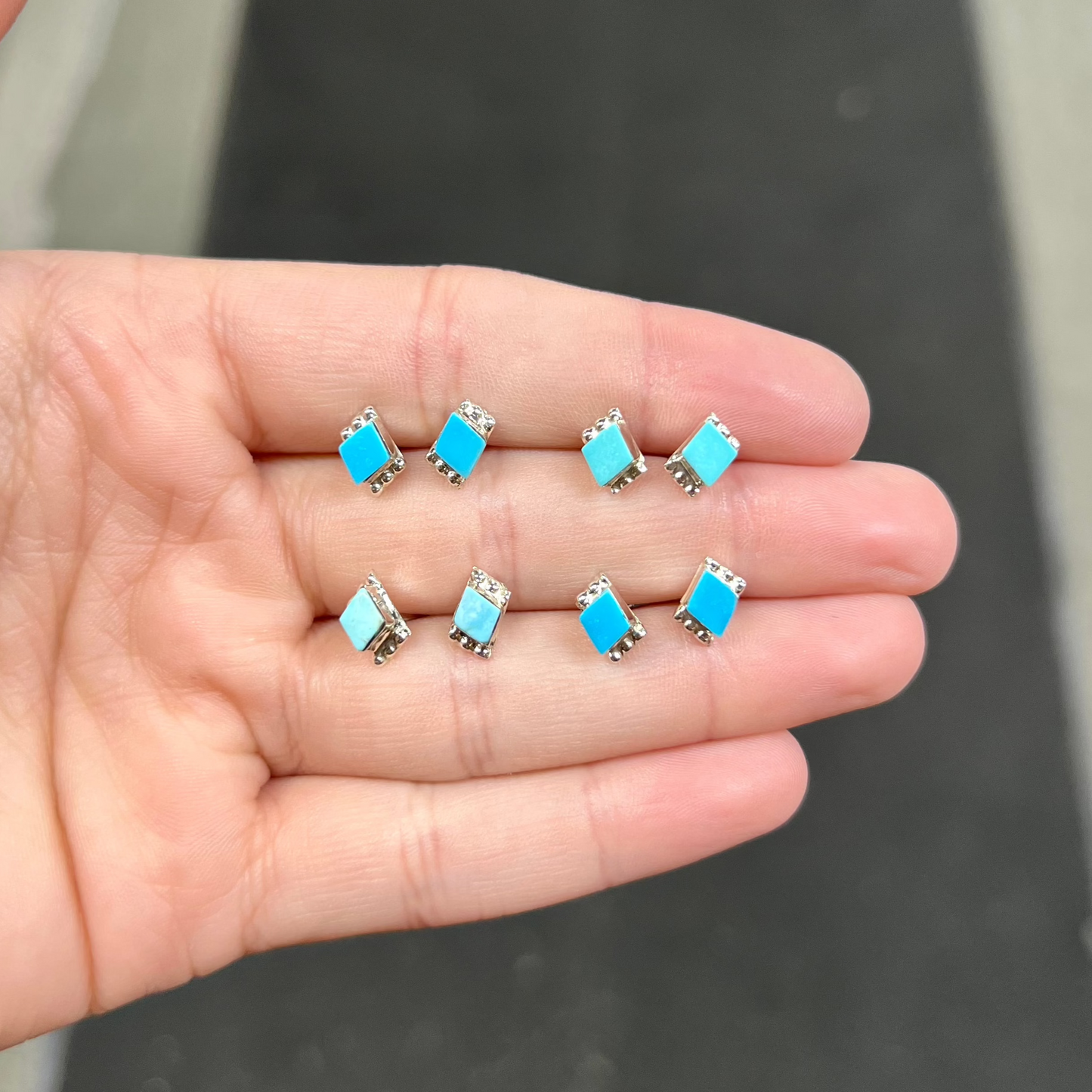 Mini Genuine Turquoise Diamond Beaded Sterling Silver Studs