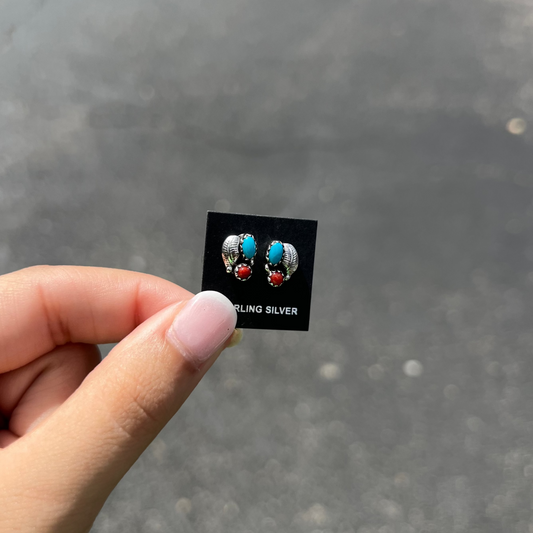 Genuine Turquoise, Coral, and Leaf Sterling Silver Studs