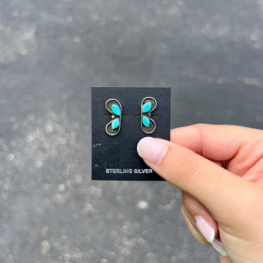 Double Marquise Genuine Turquoise Sterling Silver Stud Earrings