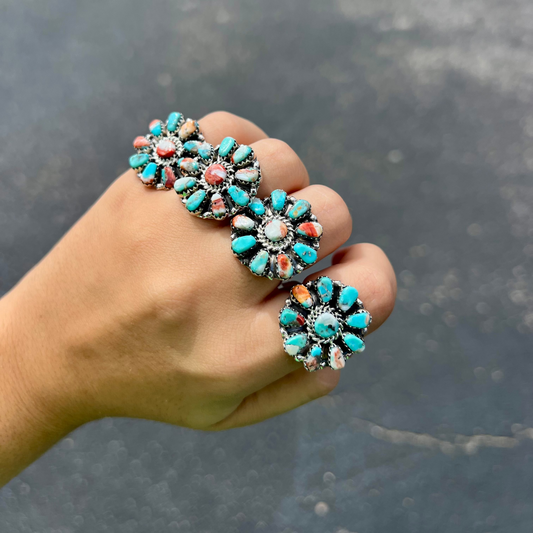 Genuine Turquoise / Red Spiny Oyster Cluster Sterling Silver Ring