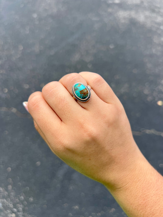 Oval Genuine Royston Turquoise Sterling Silver Adjustable Ring