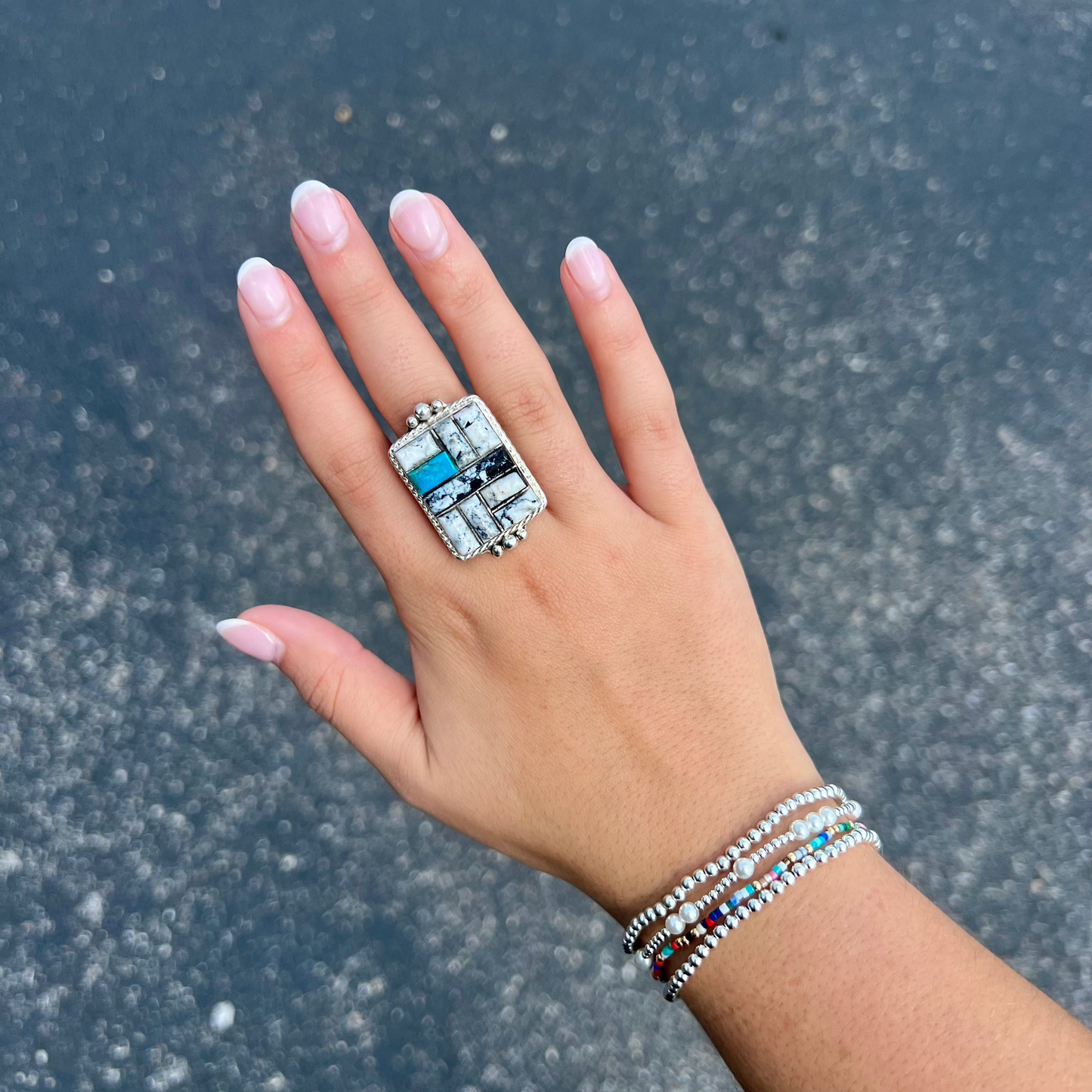 White Buffalo and Turquoise Inlay Statement Ring