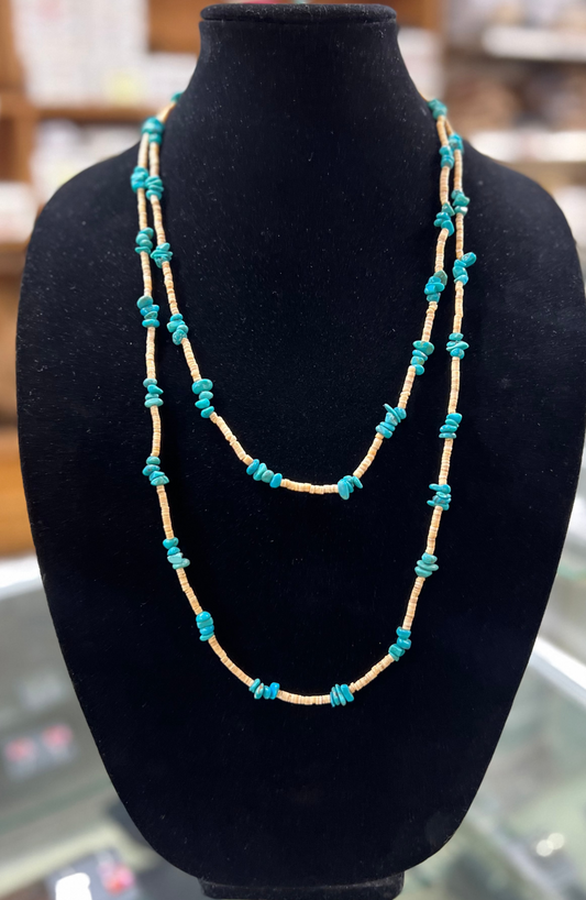 Genuine Kingman Turquoise and Heishi Necklace - 56"