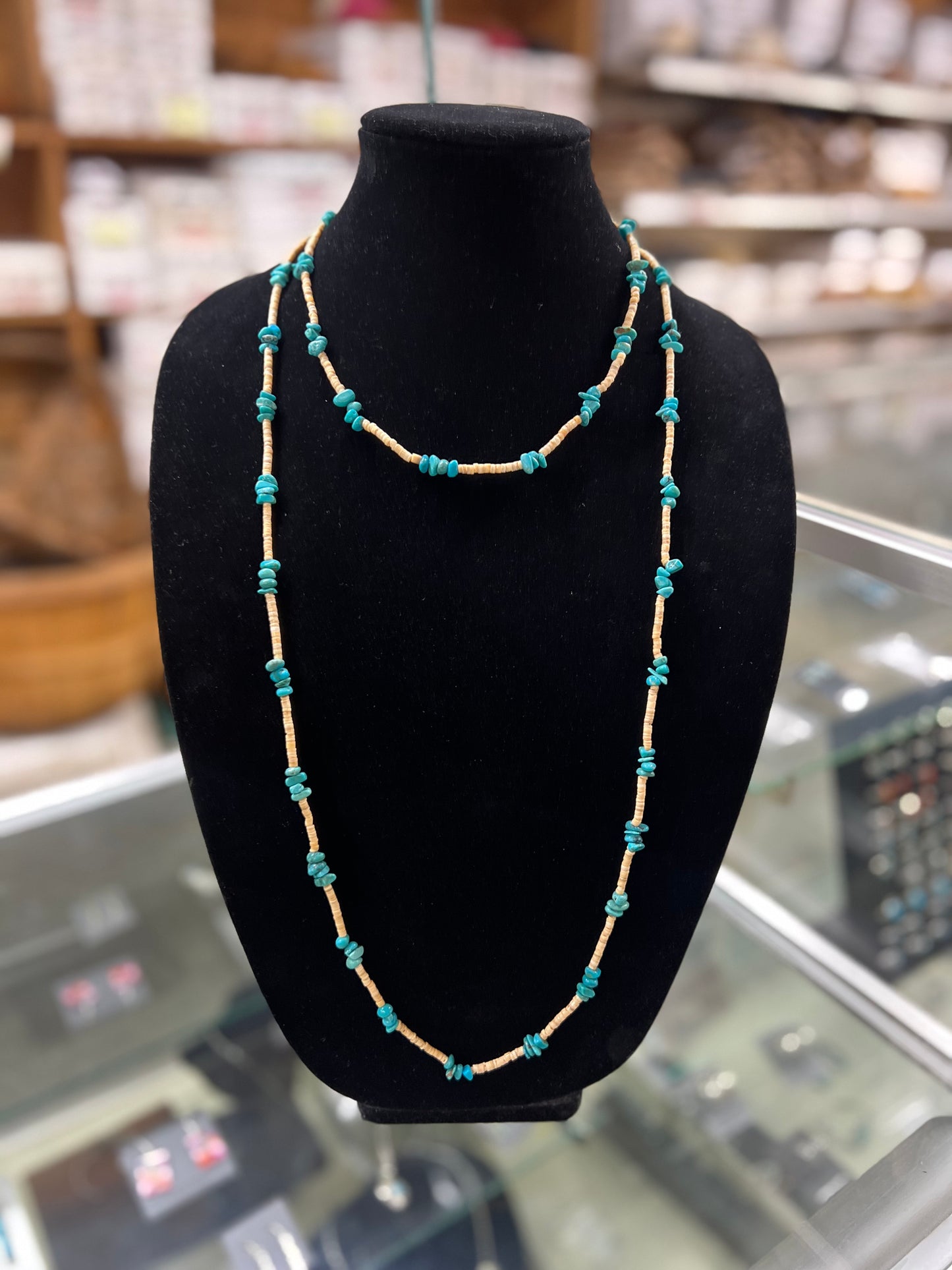 Genuine Kingman Turquoise and Heishi Necklace - 56"