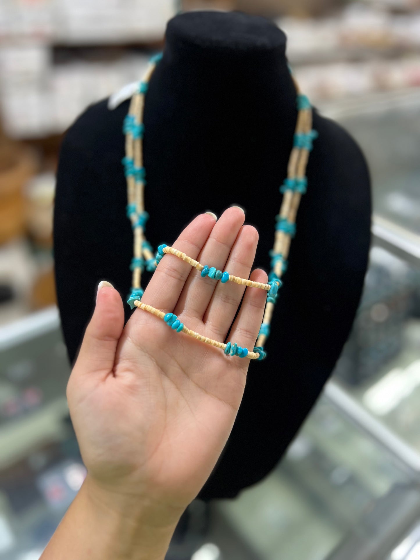 Genuine Kingman Turquoise and Heishi Necklace - 56"