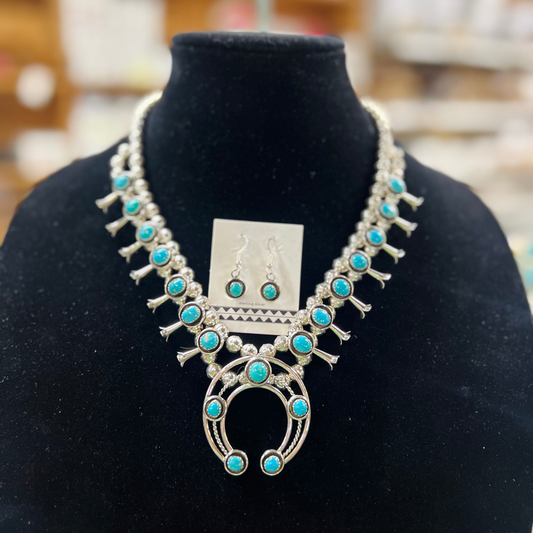 The Trudy Genuine Turquoise Sterling Silver Squash Blossom Necklace and Earrings Set