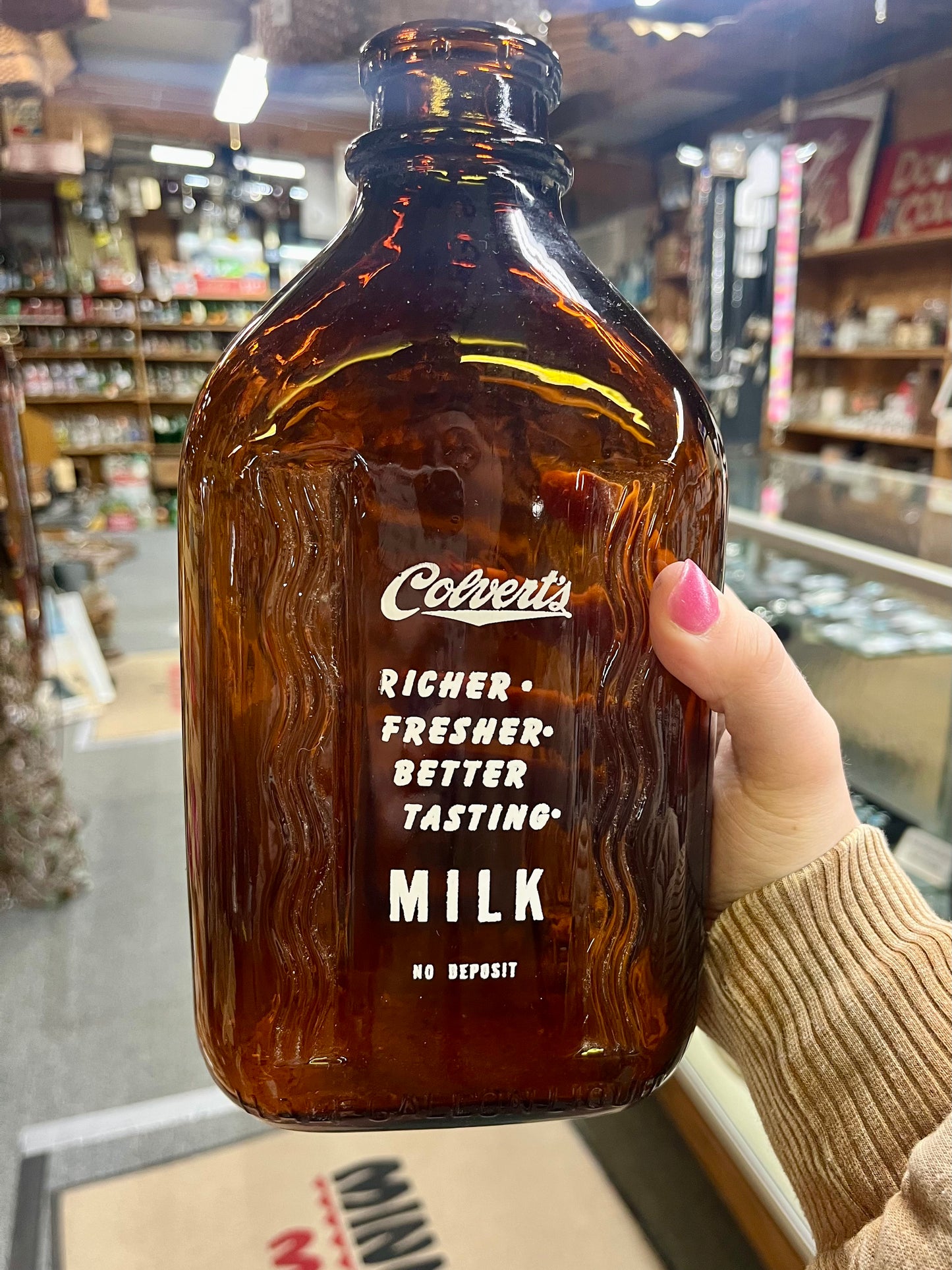 Vintage Colvert's Brown Amber Milk Bottles with Wood Crate