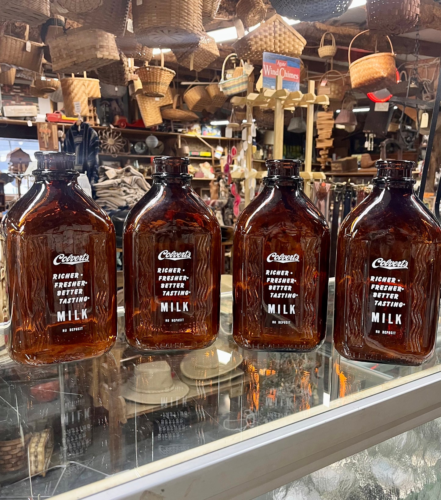 Vintage Colvert's Brown Amber Milk Bottles with Wood Crate