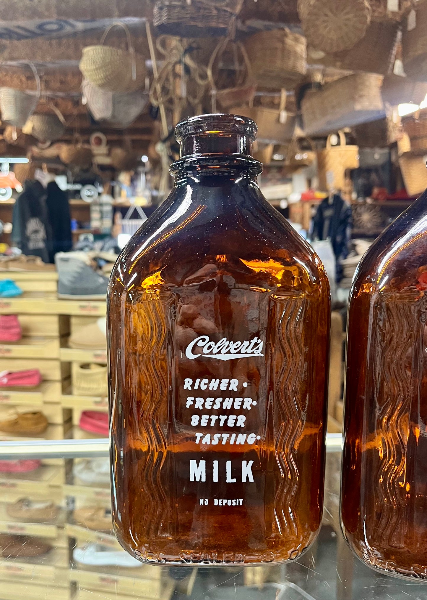 Vintage Colvert's Brown Amber Milk Bottles with Wood Crate