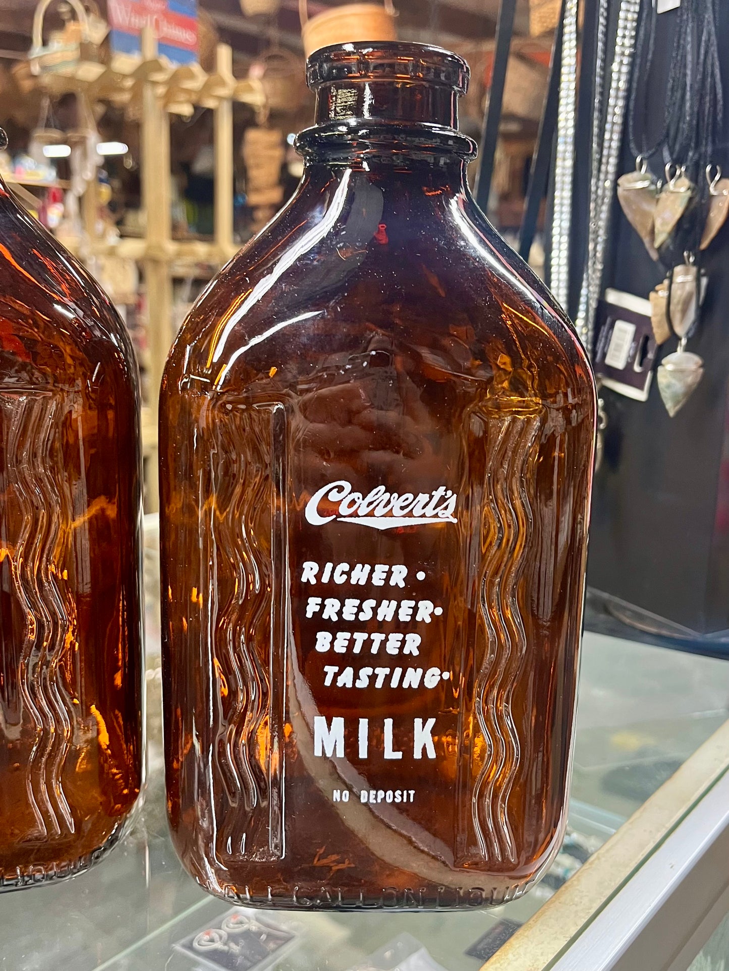 Vintage Colvert's Brown Amber Milk Bottles with Wood Crate