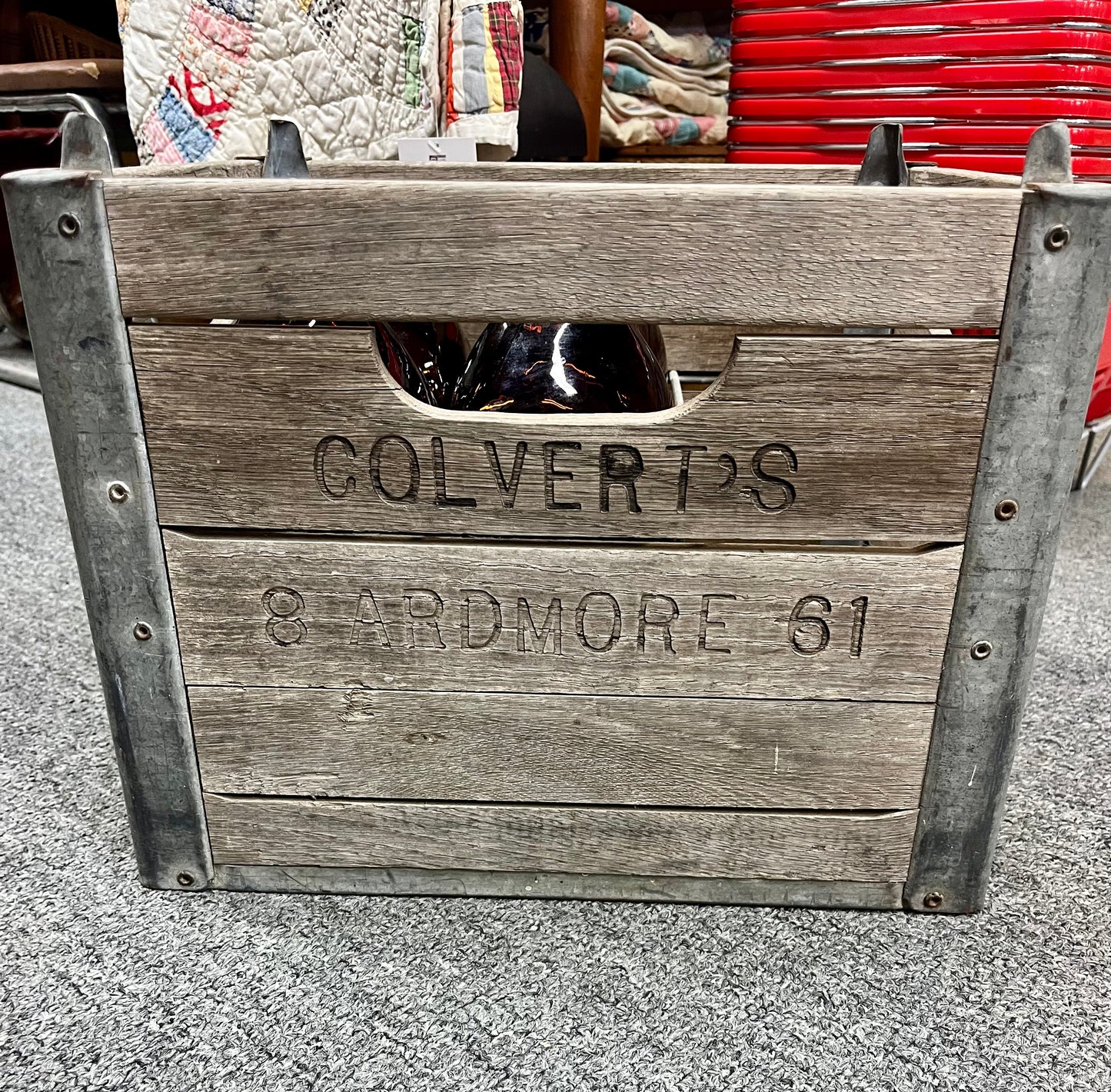 Vintage Colvert's Brown Amber Milk Bottles with Wood Crate