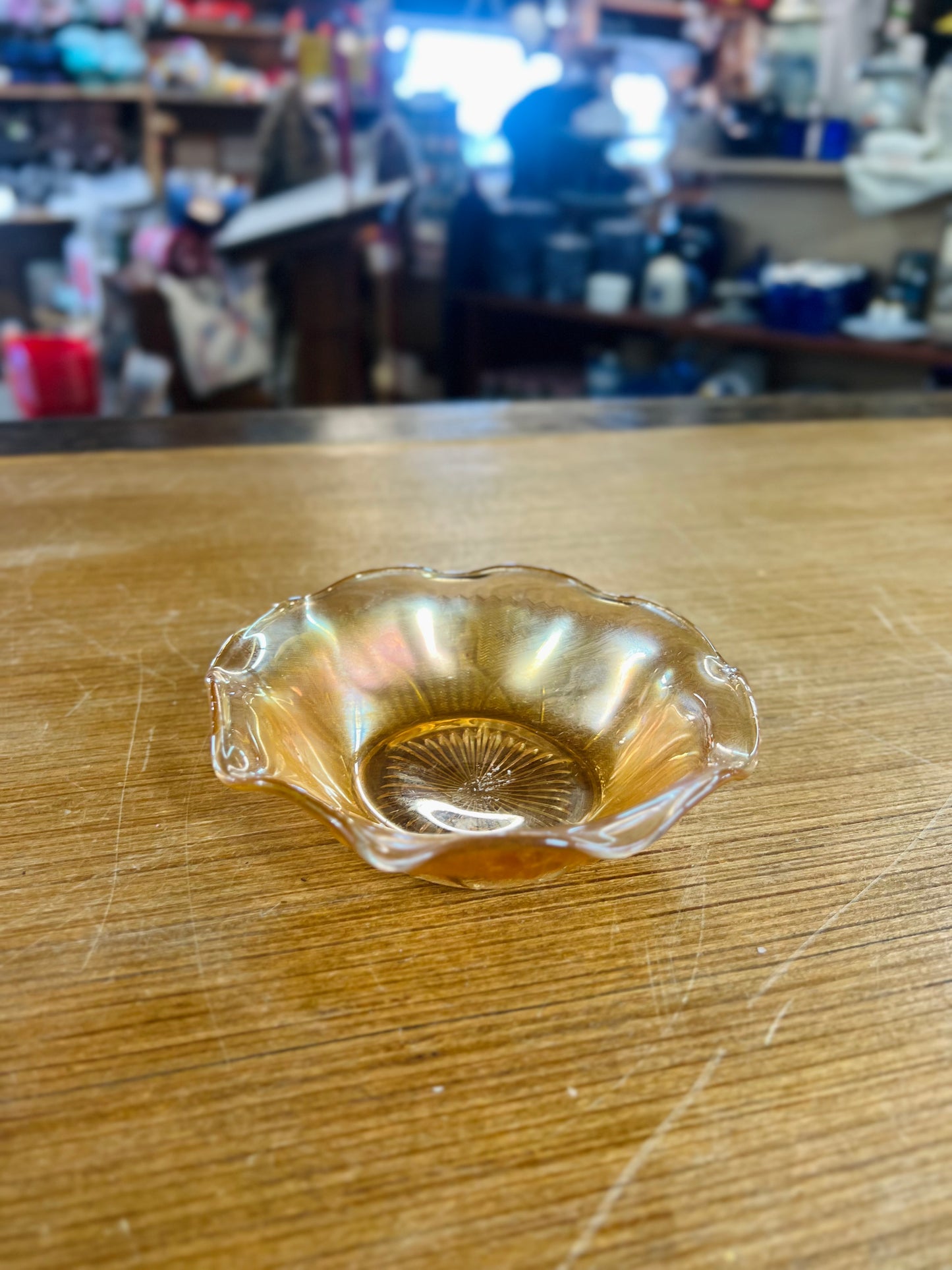 Vintage Iridescent Glass Bowl Orange with Ruffle Edges