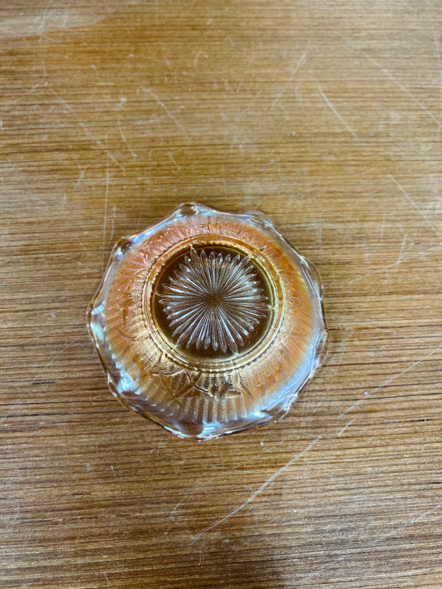 Vintage Iridescent Glass Bowl Orange with Ruffle Edges