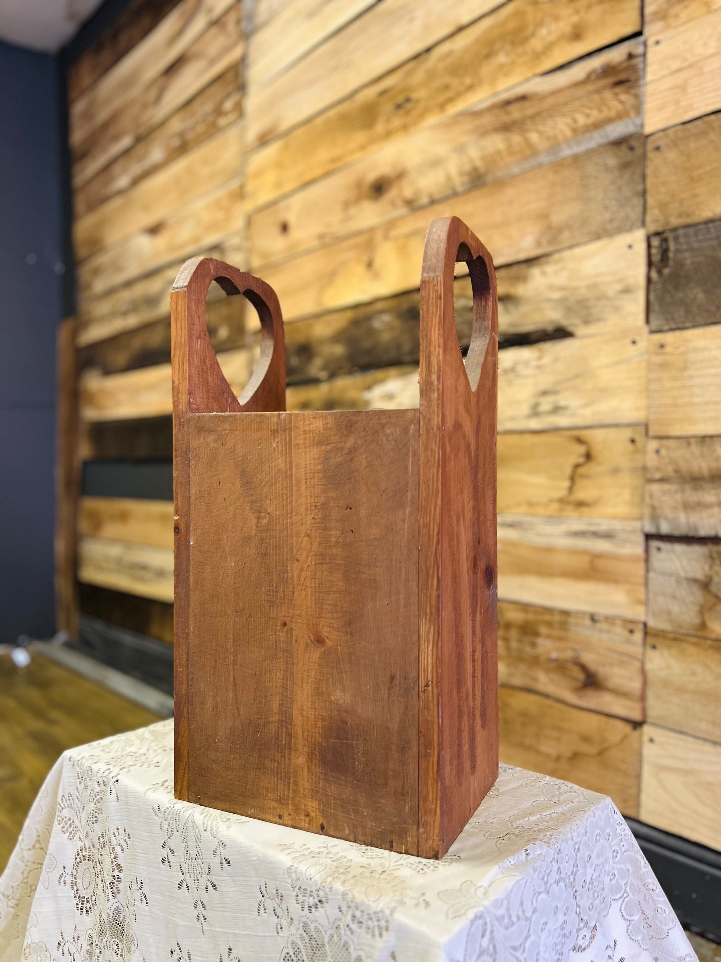 Vintage Wood Heart Cutout Trash Can, Magazine Holder