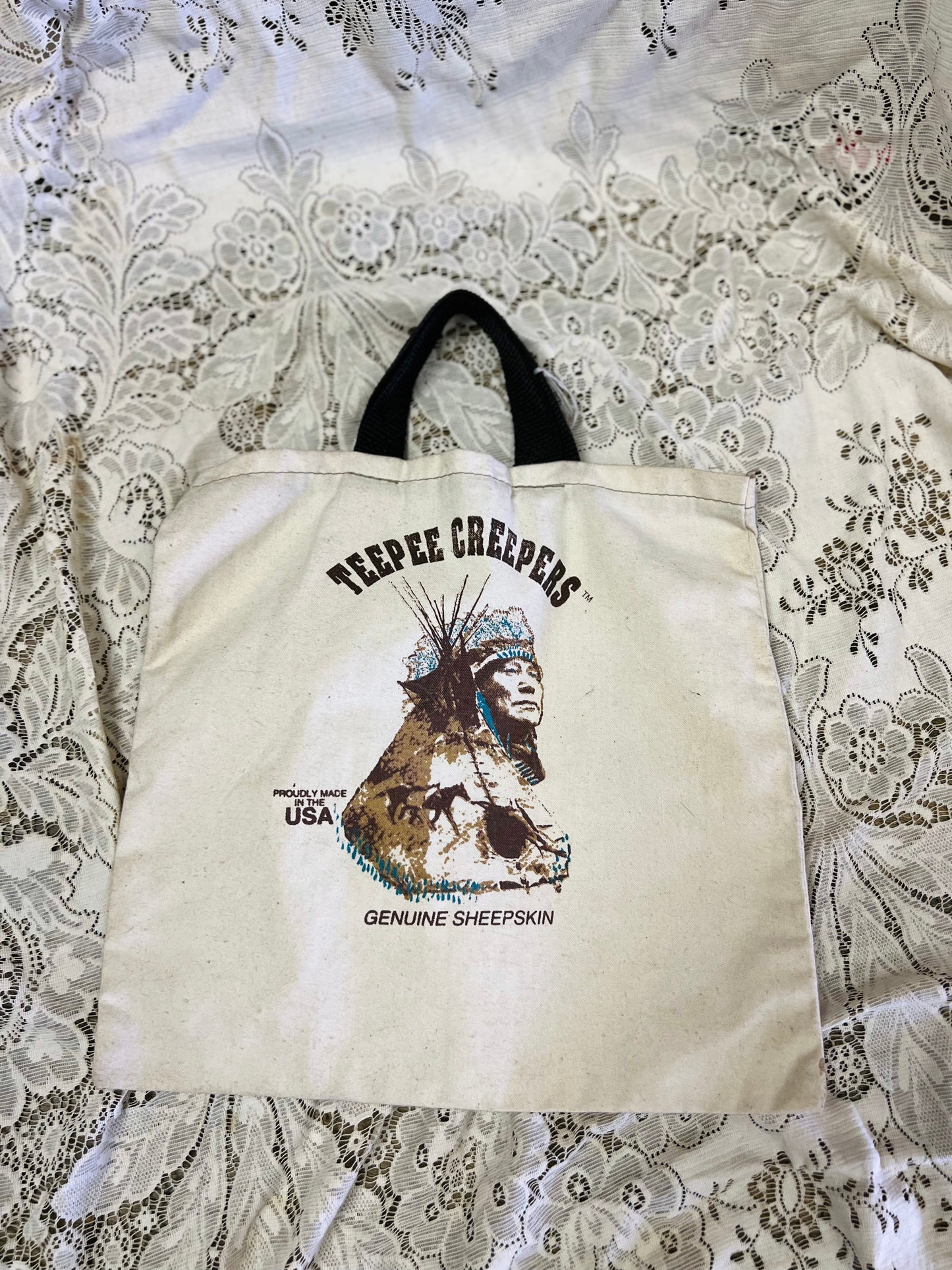 Vintage TeePee Creepers Canvas Tote Bag - Black Handle