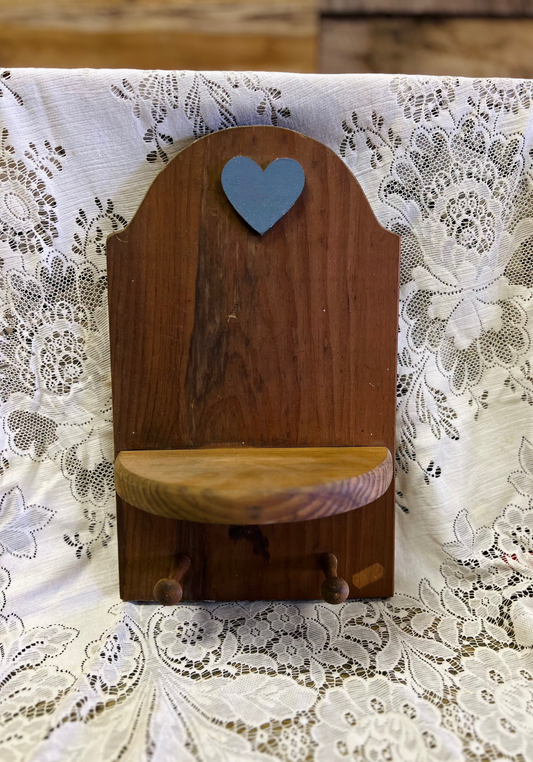 Vintage Country Blue Heart Wood Shelf with 2 Pegs