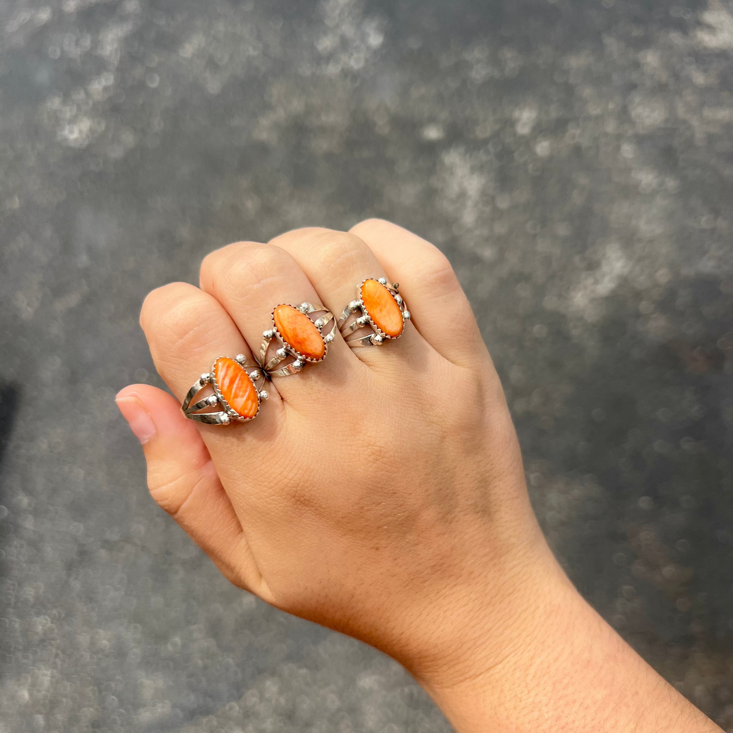Genuine Orange Spiny Oyster Triple Split Sterling Silver Ring