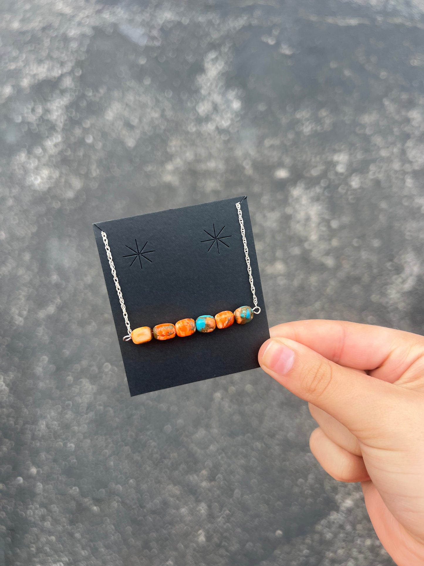 Genuine Orange Spiny Oyster Turquoise Bar Necklace