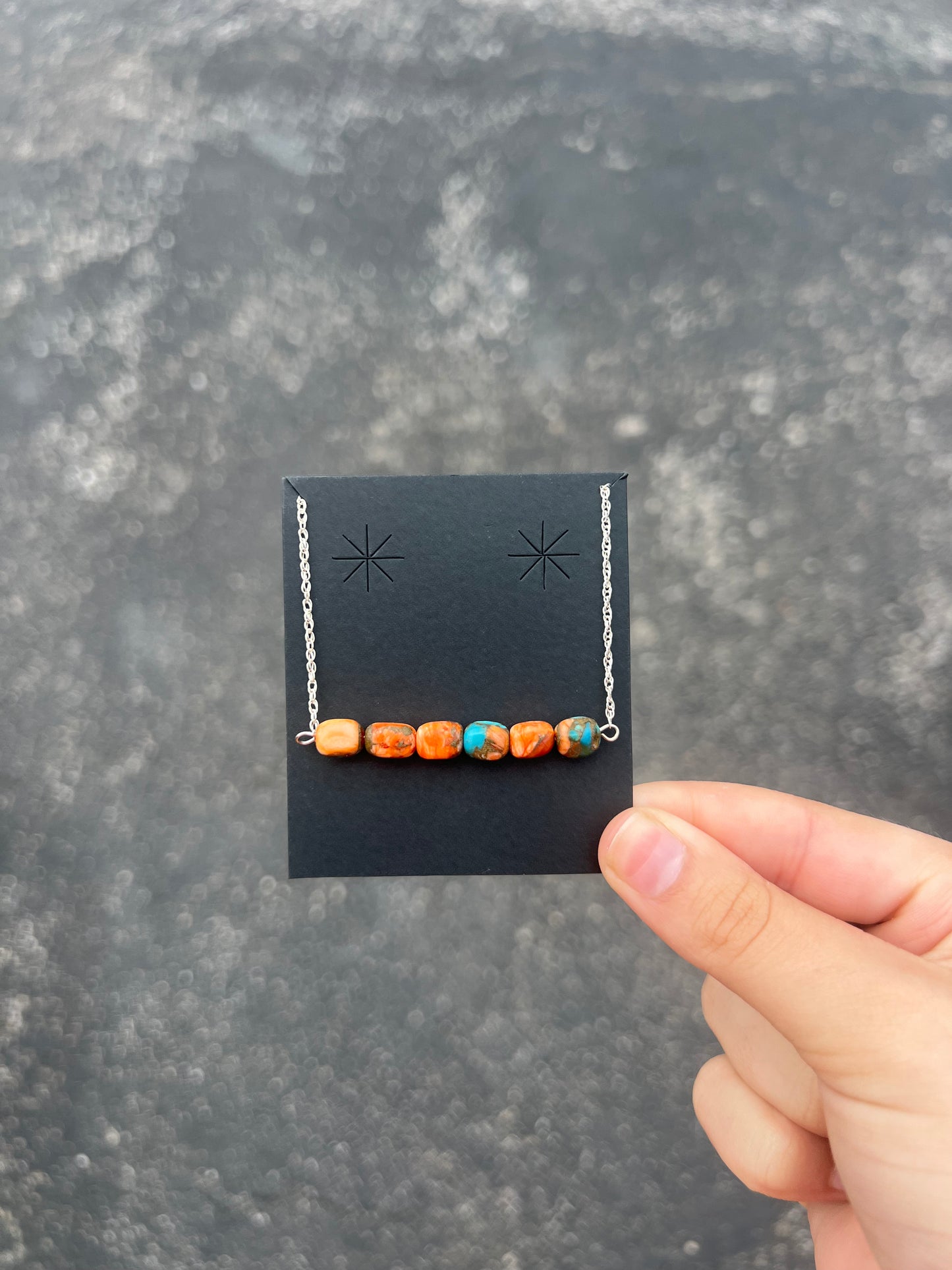 Genuine Orange Spiny Oyster Turquoise Bar Necklace