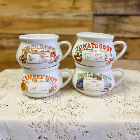 Vintage 70's Ceramic Soup Recipe Mug - Mushroom, Chicken, Tomato, & Onion Soup