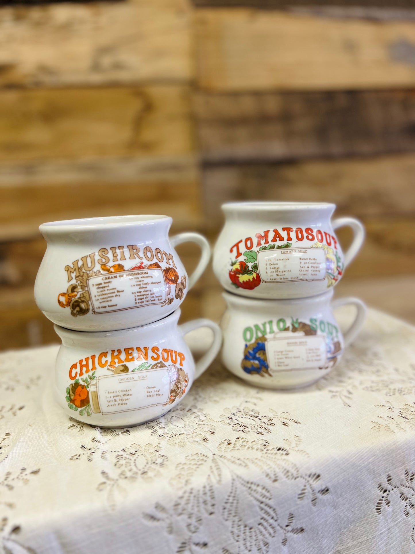 Vintage 70's Ceramic Soup Recipe Mug - Mushroom, Chicken, Tomato, & Onion Soup
