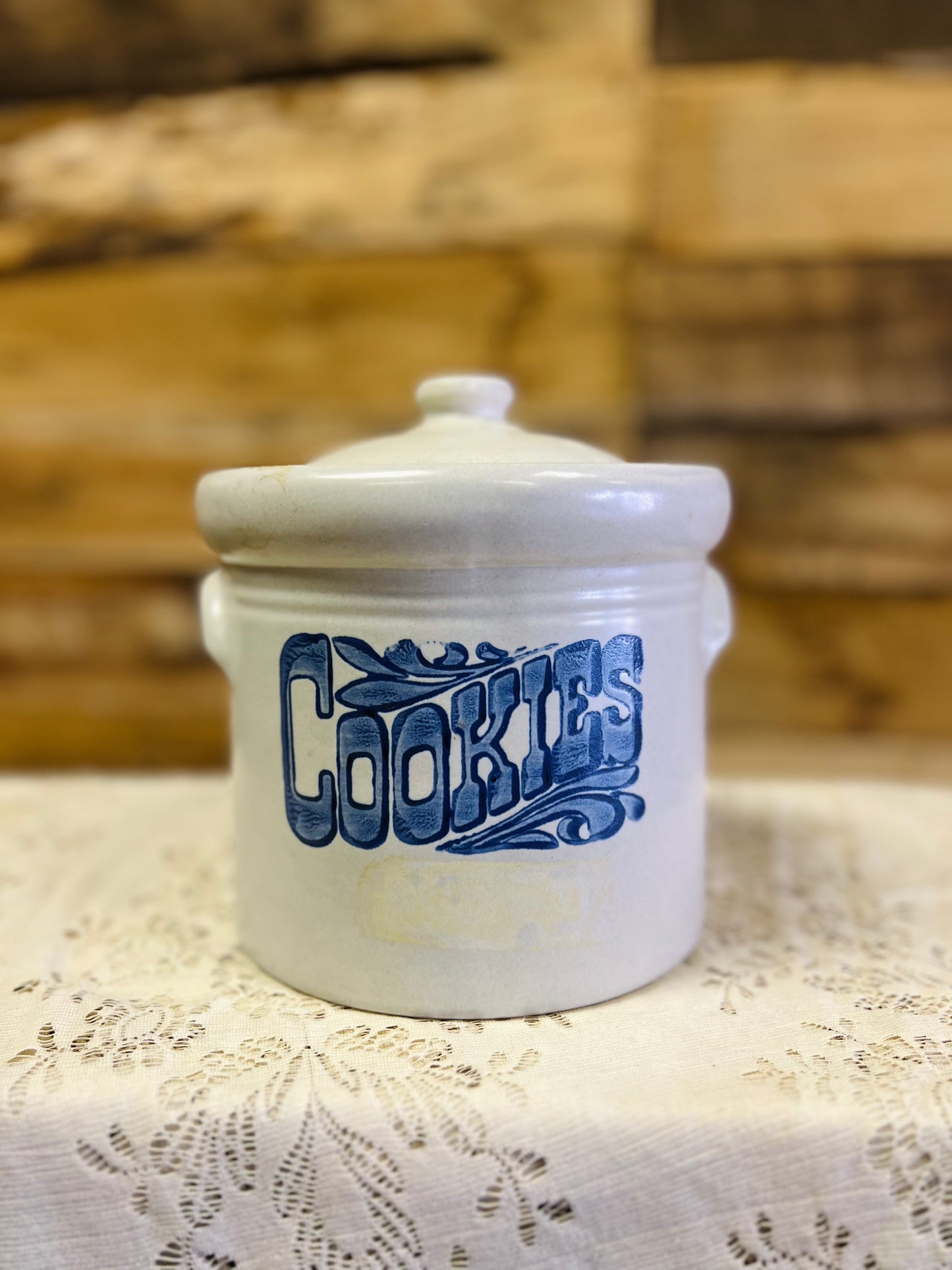 Vintage Pfaltzgraff Yorktowne Stoneware Blue and White "Cookies" Cookie Jar