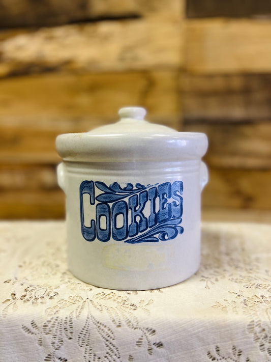 Vintage Pfaltzgraff Yorktowne Stoneware Blue and White "Cookies" Cookie Jar