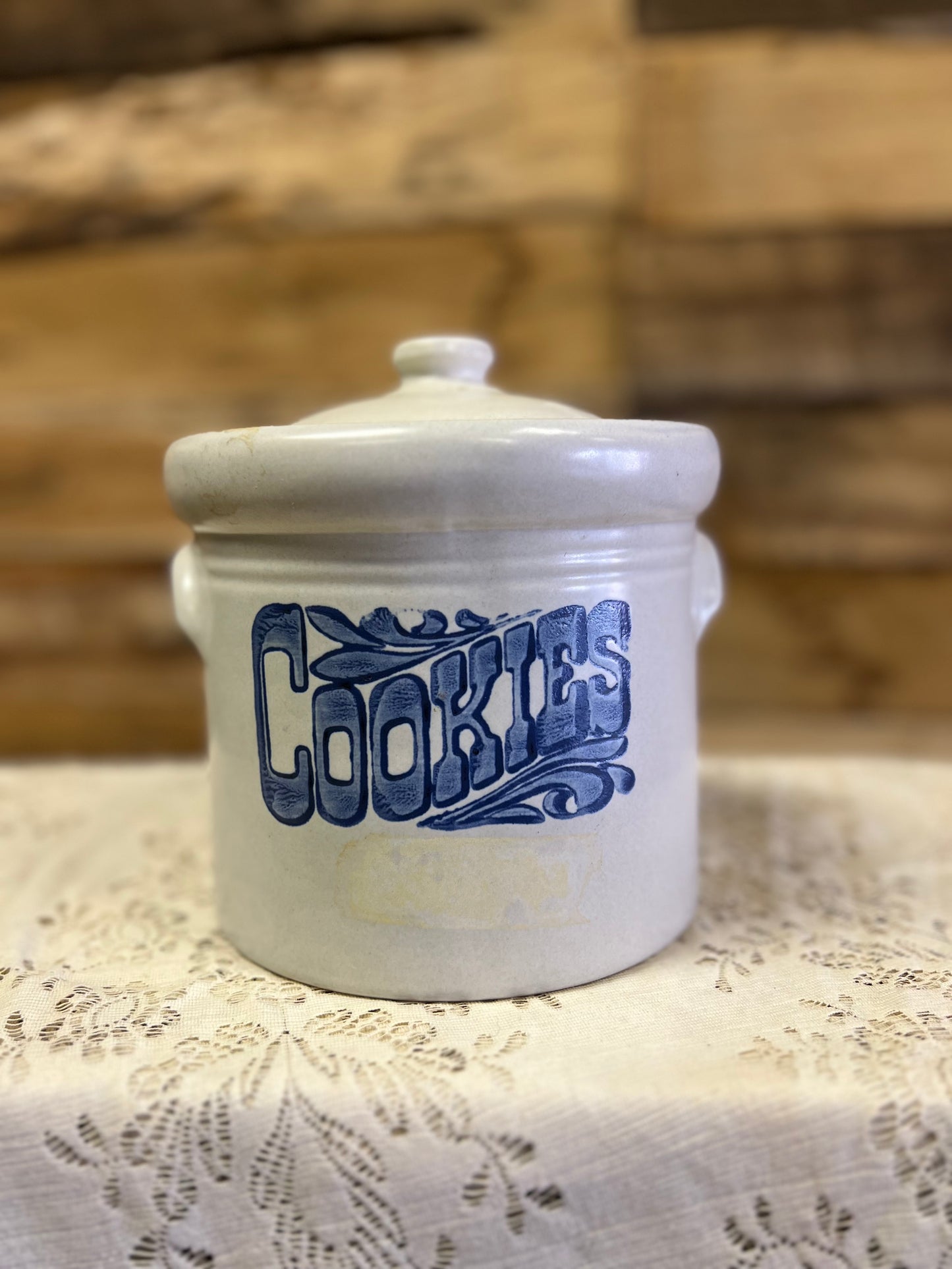 Vintage Pfaltzgraff Yorktowne Stoneware Blue and White "Cookies" Cookie Jar