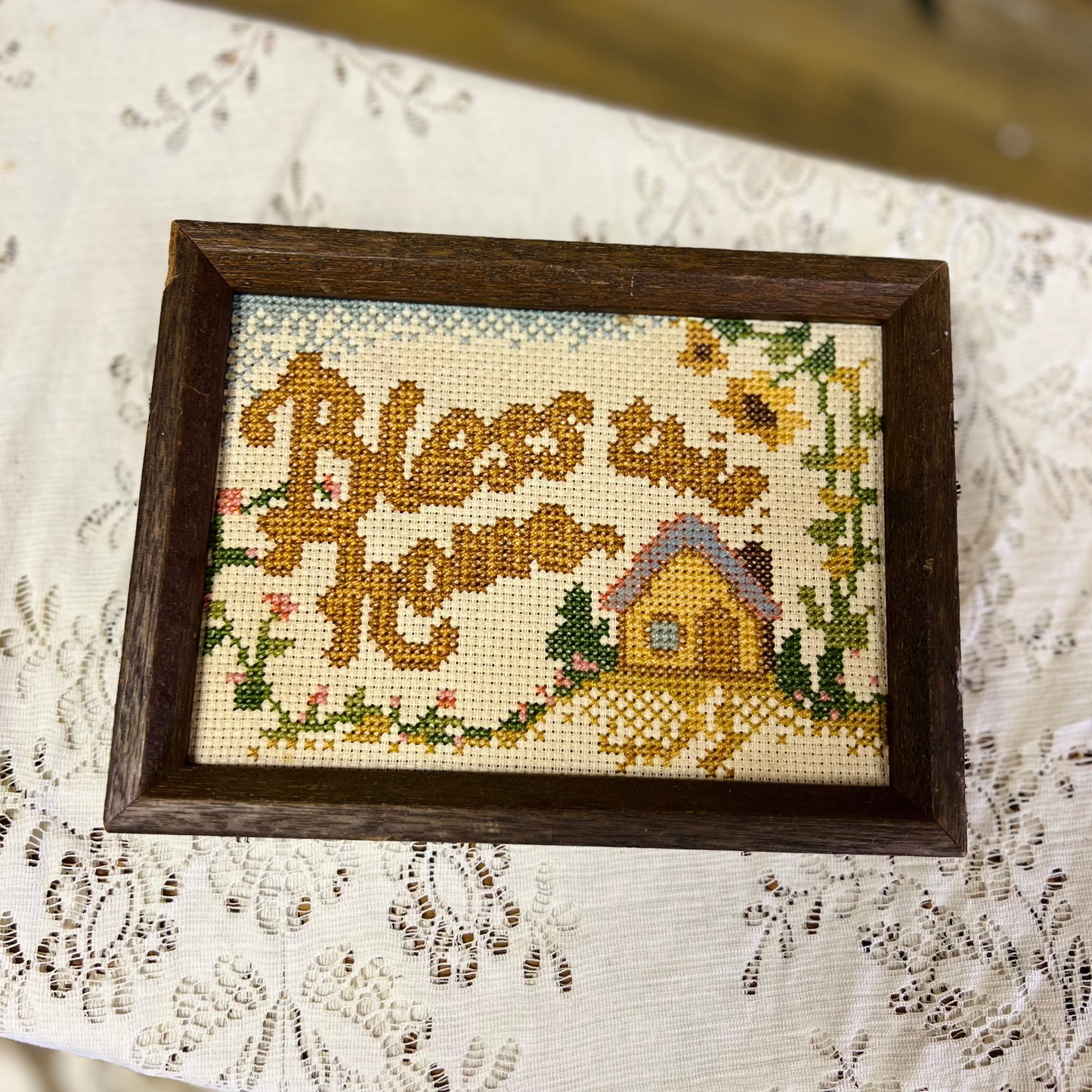 Vintage "Bless This Home" Framed Cross Stitch Embroidery