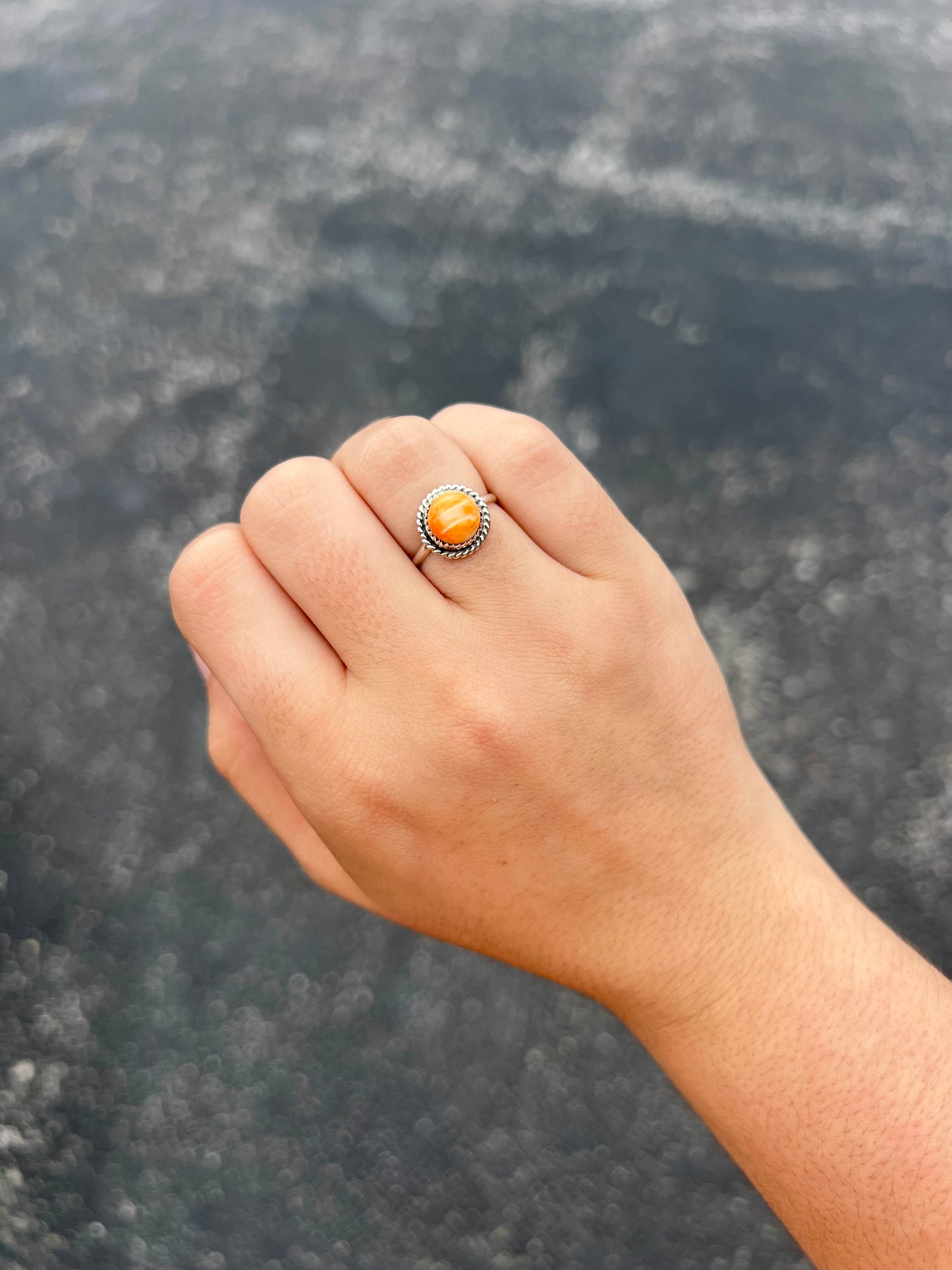 Genuine Orange Spiny Oyster Sterling Silver Round Ring