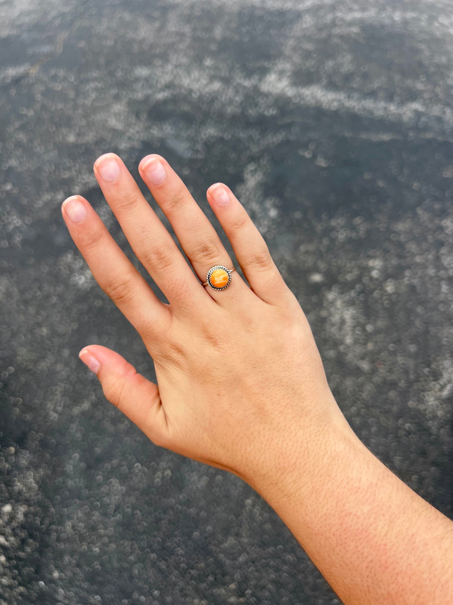 Genuine Orange Spiny Oyster Sterling Silver Round Ring