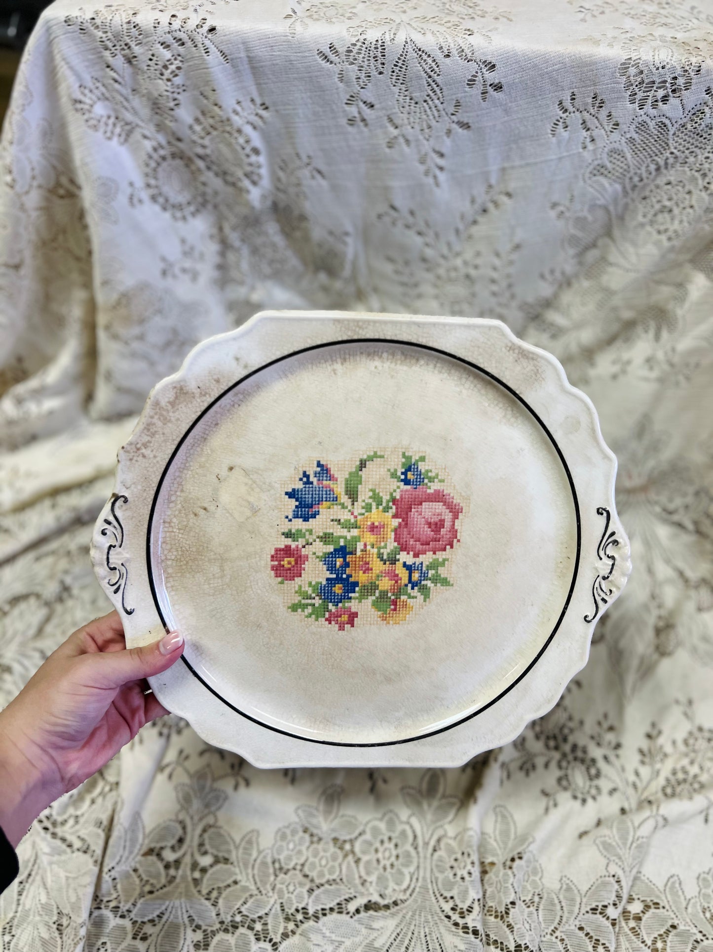 Vintage Very Old Harker Petit Point Serving Platter