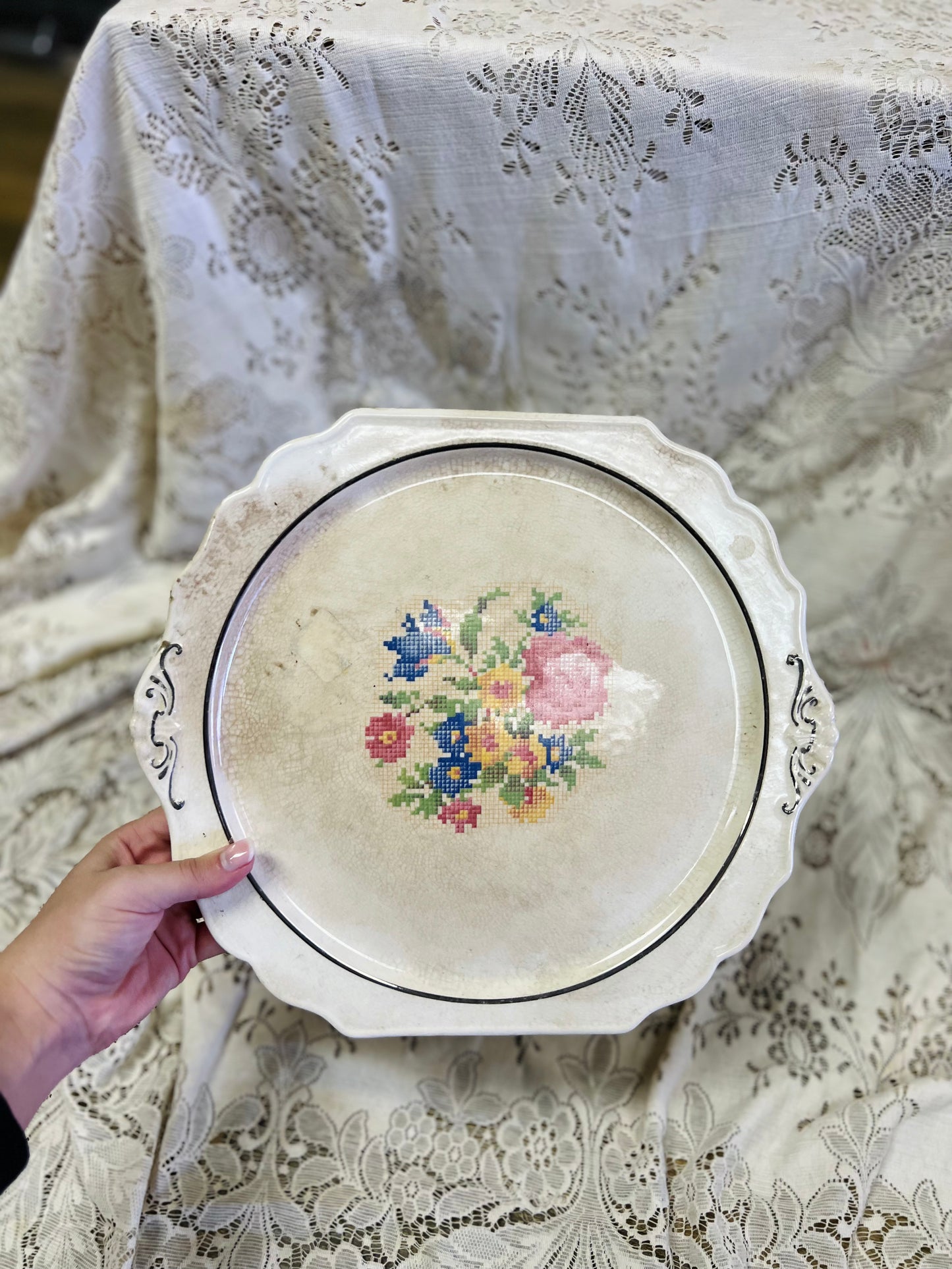 Vintage Very Old Harker Petit Point Serving Platter