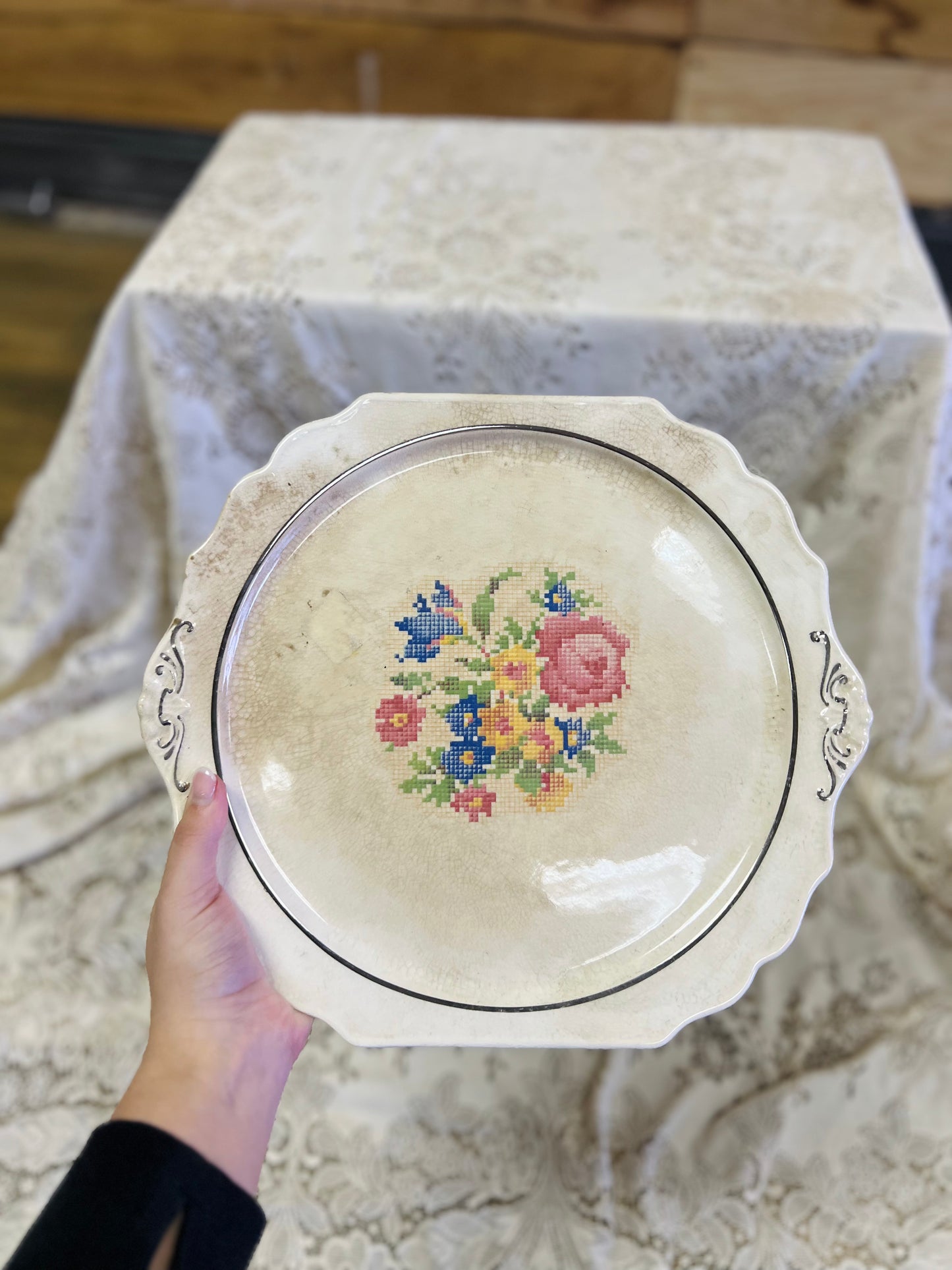 Vintage Very Old Harker Petit Point Serving Platter