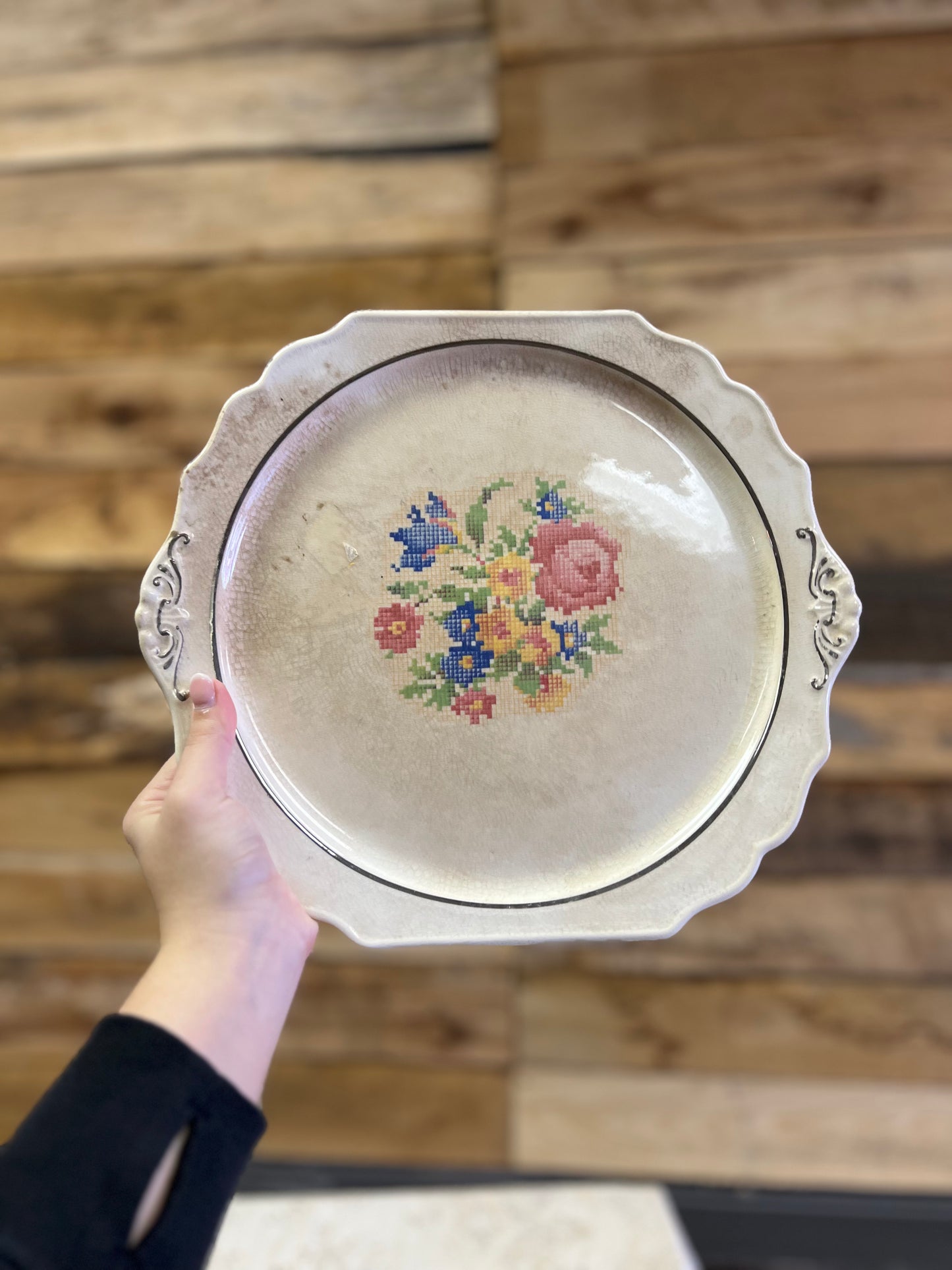 Vintage Very Old Harker Petit Point Serving Platter
