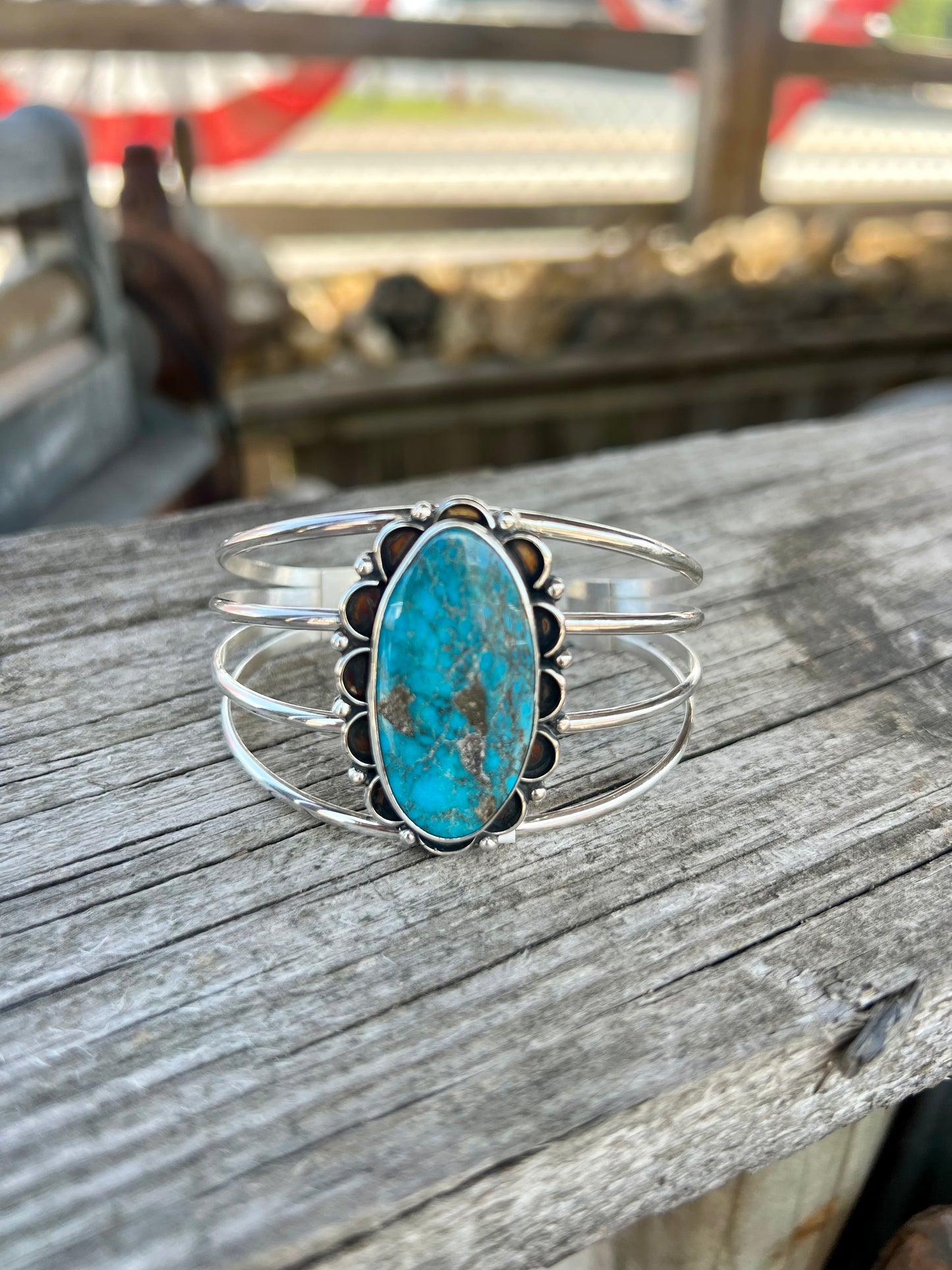 Genuine Turquoise Scalloped Border Sterling Silver Statement Cuff