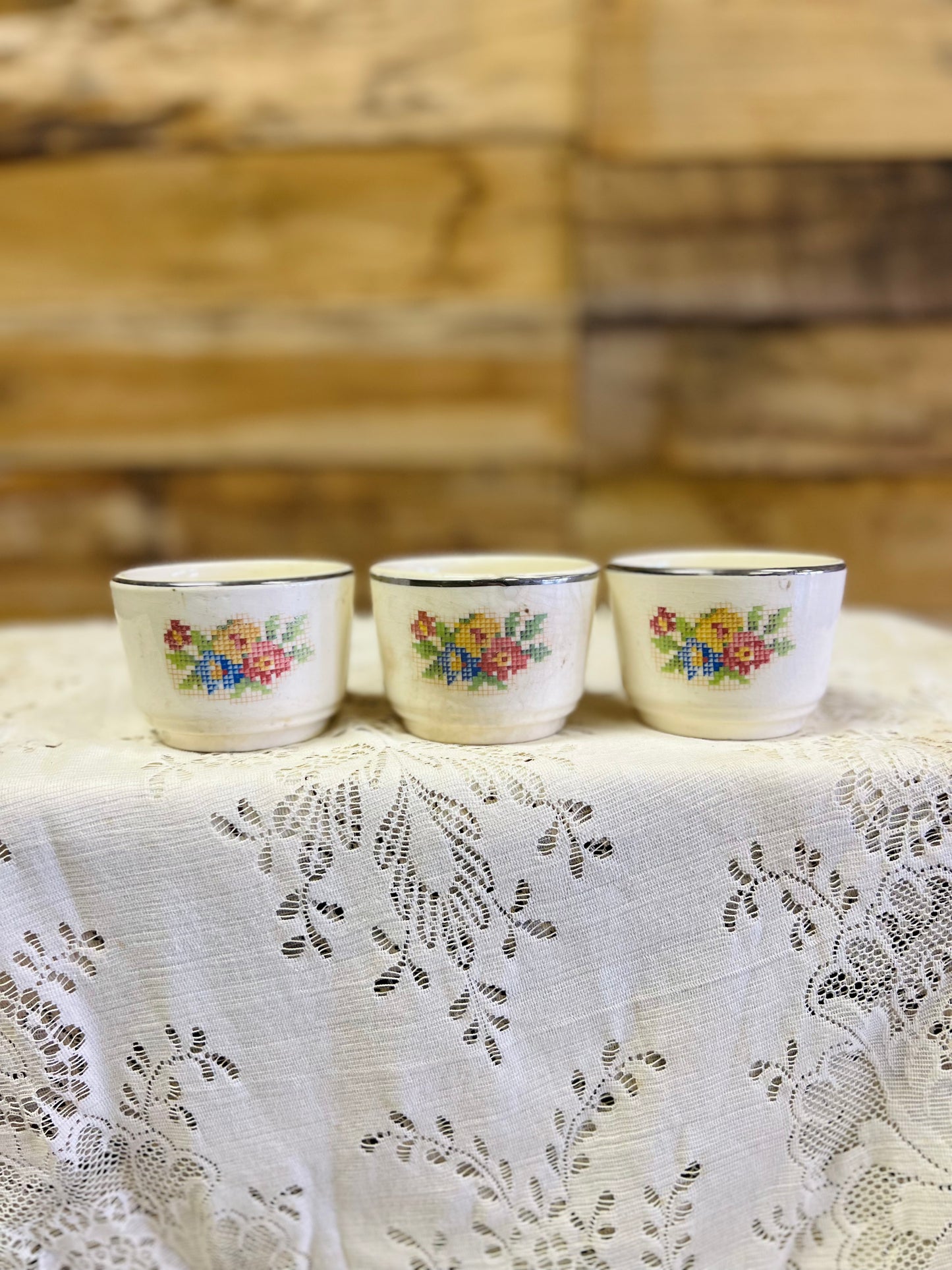 Vintage Harker Hotoven Petit Point Custard Cups - Set of 3