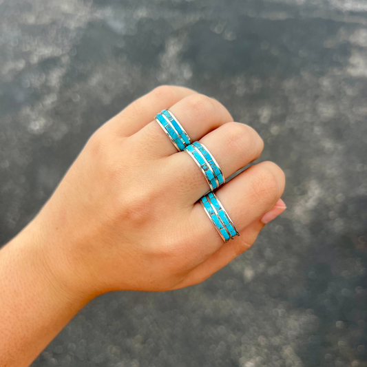 Authentic Blue Turquoise Double Inlay Sterling Silver Ring