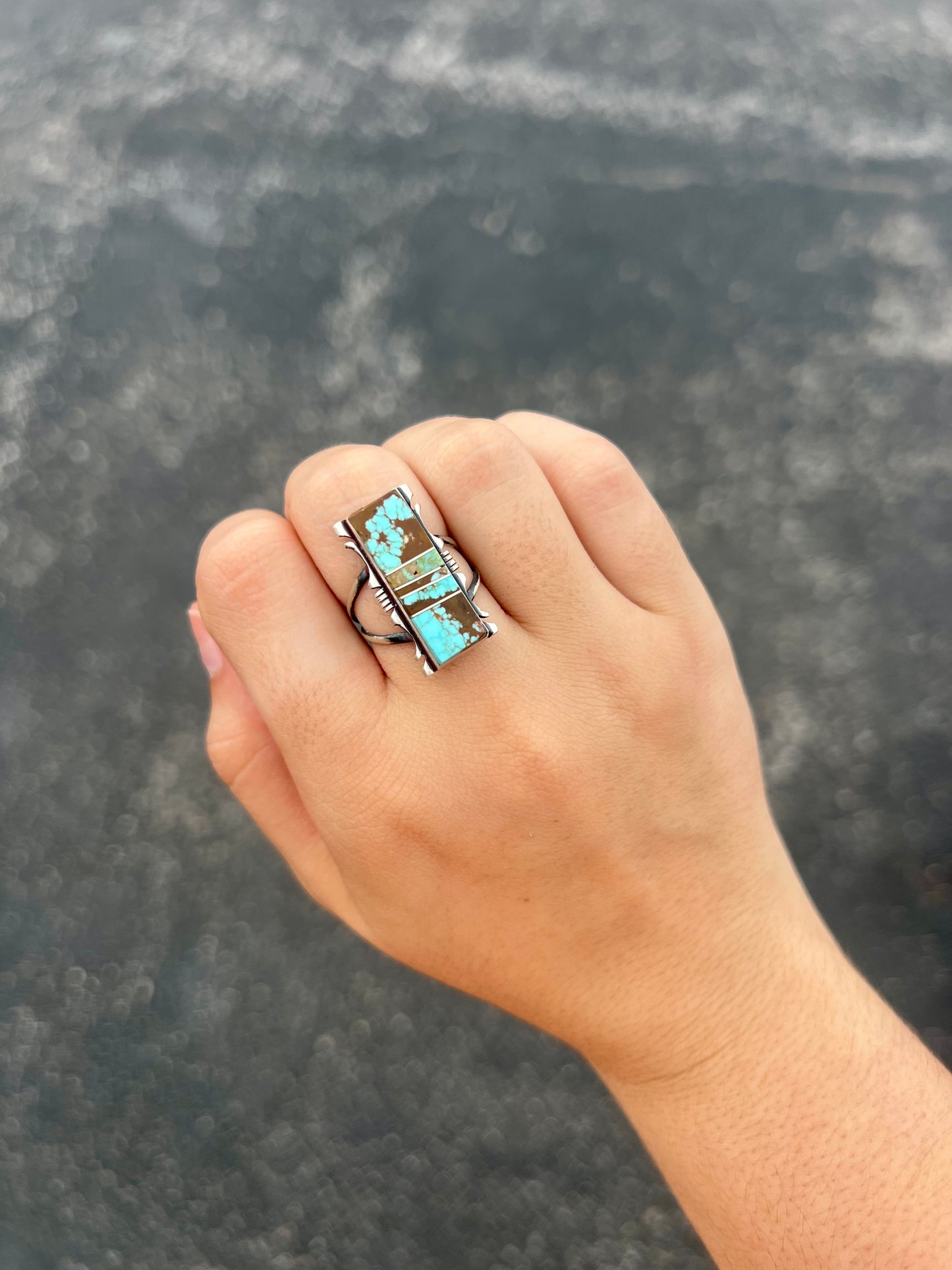 Number 8 Mine Turquoise Sterling Silver Inlay Rectangle Ring