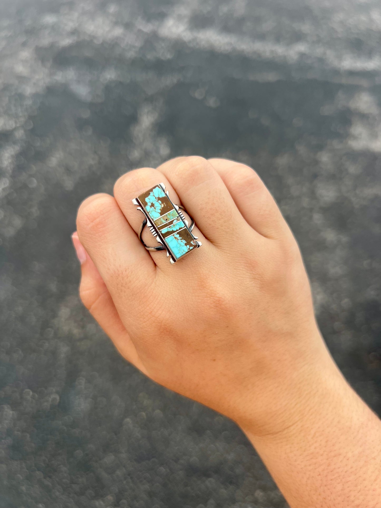 Number 8 Mine Turquoise Sterling Silver Inlay Rectangle Ring