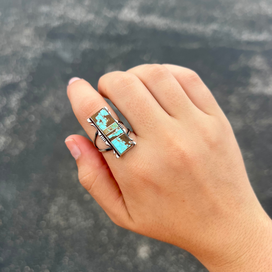 Number 8 Mine Turquoise Sterling Silver Inlay Rectangle Ring
