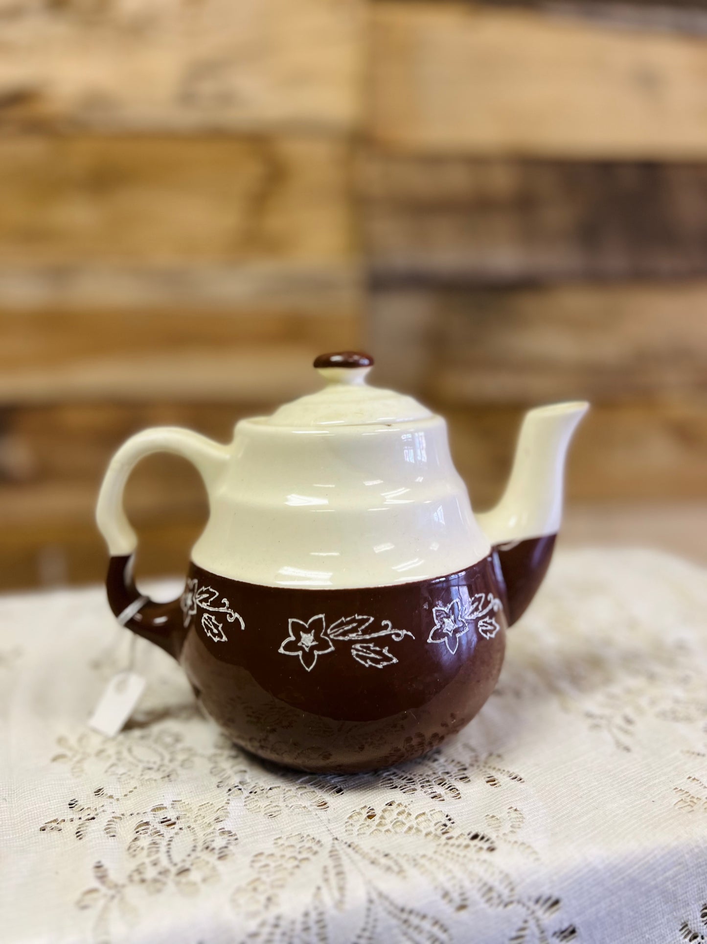 Vintage Oxford Stoneware USA Brown and Cream Teapot