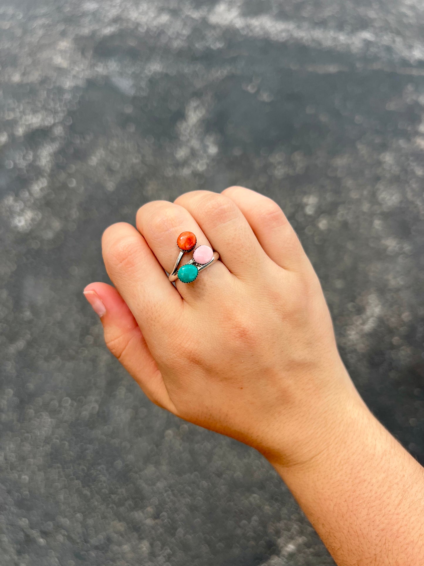 3 Stone Turquoise, Pink Conch, & Spiny Oyster Sterling Silver Ring