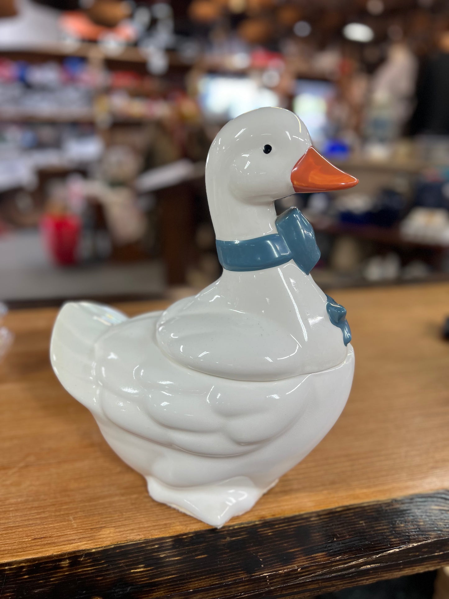 Vintage Goose Ceramic Cookie Jar with Blue Bow