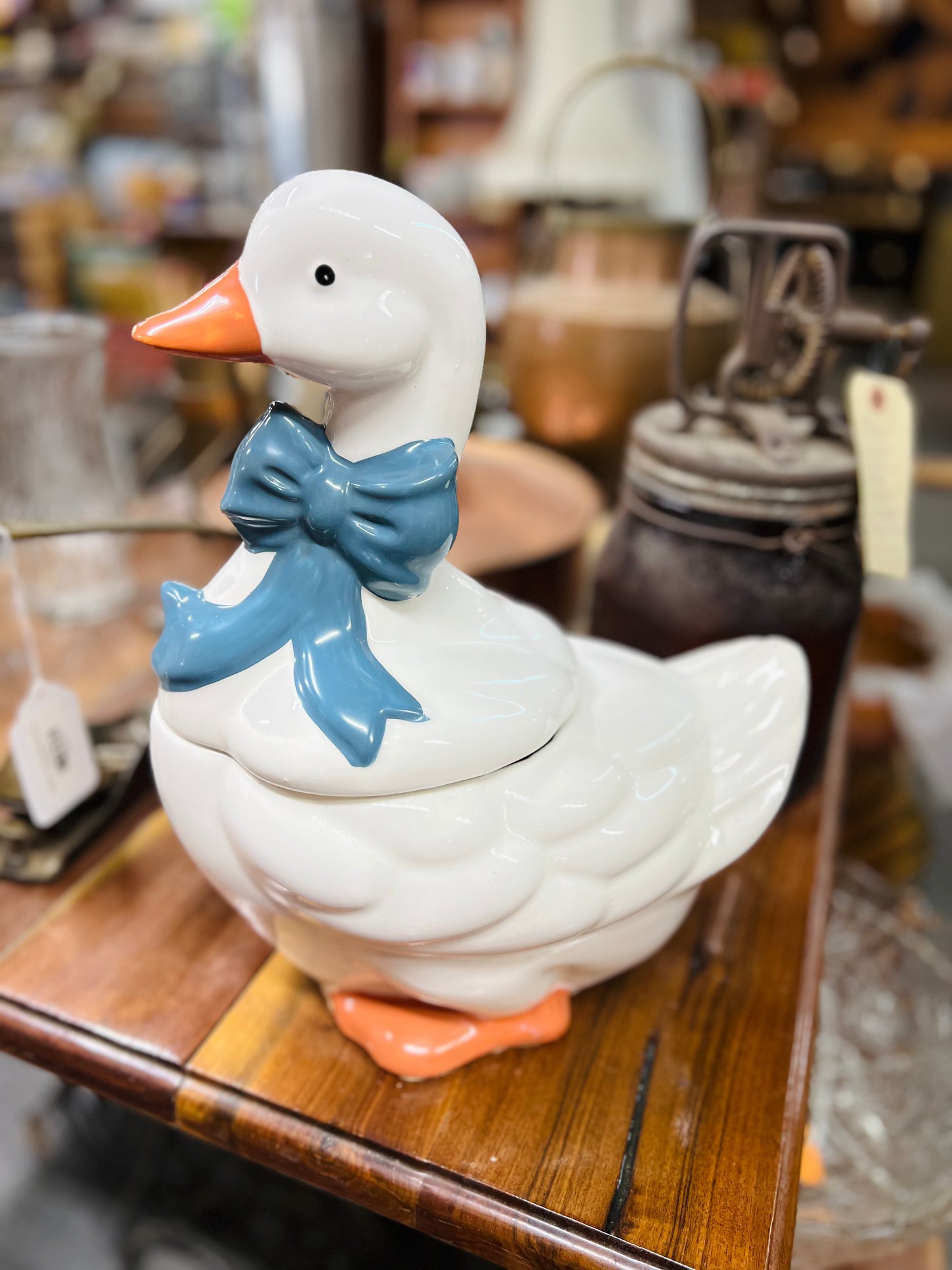 Vintage Goose Ceramic Cookie Jar with Blue Bow